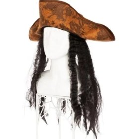 Resim TE Dükkan Buğz Siyah Saçlı Kaptan Korsan Şapkası 