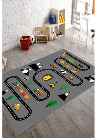 Resim Dijital Baskılı Koyu Gri Trafik Yol Desen Dekoratif Yıkanabilir Kaymaz Taban Çocuk Halısı Çok Renkli 