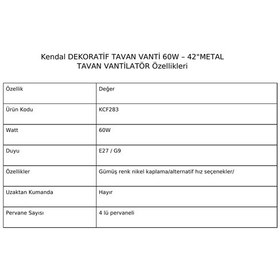 Resim 4 Kanatlı Metal Dekoratif Tavan Vantilatörü 60w Kcf283 