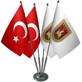 Resim Masa Üstü Kara Kuvvetleri Bayrağı Türk Bayrağı Dörtlü Krom Direk 