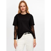 Resim Faik Sönmez Kolları Dantel Garnili Yuvarlak Yaka Pamuklu Kadın T-Shirt W26Tsh071 (UW26TSH071) 