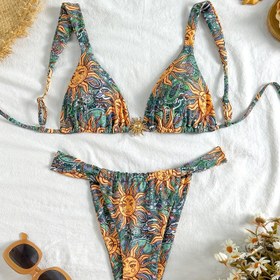Resim Günebakan Desenli, Sırtı Bağlamalı İki Parçalı Bikini Takımı - Şık ve Seksi Günlük Mayo 