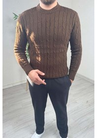 Resim Explode - Erkek Kahve Örgülü Slim Fit Bisiklet Yaka Triko Kazak Kahverengi 