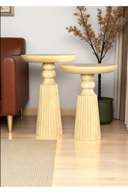 Resim ASELYA HOME Doğal Ahşap 2’li Set Mantar Yan Sehpa Modern Vernikli Fiskos Zigon Çiçeklik 