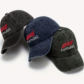 Resim 1 Adet F1 Retro Yıkanmış Beyzbol Şapkası - Ayarlanabilir Kayışlı, Kırmızı ve Beyaz Logolu Siyah Güneş Şapka, Erkekler & Kadınlar için Dış Mekan Moda Aksesuarı 