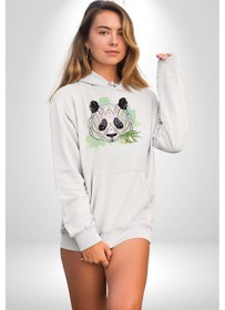 Resim Panda Mandala Kadın Erkek Beyaz Kapüşonlu Sweatshirt Hoodie Beyaz 