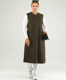 Resim Kadin Deri Cepli Buyuk Beden Uzun Yelek - Haki / 2XL 