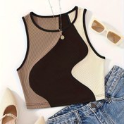 Resim Renk Bloklu Crew Neck Tank Top, Bahar ve Yaz için Rahat Kolsuz Crop Top, Kadın Giyim 
