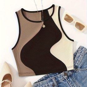 Resim Renk Bloklu Crew Neck Tank Top, Bahar ve Yaz için Rahat Kolsuz Crop Top, Kadın Giyim 