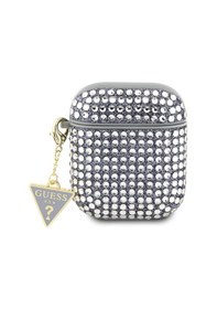 Resim Apple Uyumlu AirPods Kılıf Guess Lisanslı Parıltılı Taş Kaplamalı Üçgen Logo Süs Zincirli Gümüş 