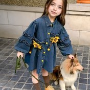 Resim 2025 Kızlar için A-Line Smock Elbise Benzeri Bluz Ceket - Fırfır Detaylı, Katran Mavi Denim Görünümlü Uzun Kollu Üst, Altın Düğmeli ve Beyaz Kenarlı, 3-7 Yaş Arasındaki Çocuklara Özel, İlkbahar/Sonbahar İkramiyeli Parça, Casual & Yarım Resmi Giyim (Doğum Günü İçin Ideal Hediye) - 3-7 yaş İçin Smockelme Stili, Straplez Kalıp, Esnemez Kumaş, Tek Renkli Mavi 