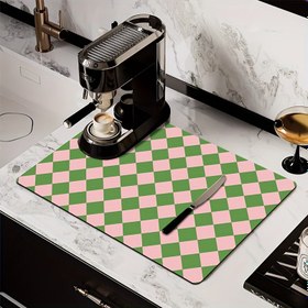 Resim 1 adet Pembe Yeşil Elmas Çekilişli Satranç Tahtası Baskılı Polyester Bulaşık Matı, Kaymaz Kauçuk Taban ile, Süper Emici Tezgah Matı, Bulaşık, Çok Fonksiyonlu Mutfak Matı için Uygun, Kahve Makinesi, Espresso Makinesi, Bulaşık Kurutma Matı için Uygun, Tatil Hediyesi Banyo Mutfak Dekorasyonu 