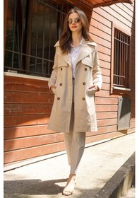 Resim Pastelastore %100 Pamuk Gabardin Midi 95cm Astarlı Kemerli Kadın Trençkot 1113 Taş Rengi Taş 