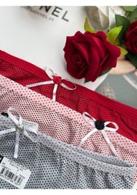 Resim 3'lü Puantiyeli Kurdeleli Kadın Külot Seti - Kırmızı/pembe/gri Çok Renkli 