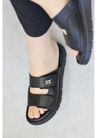 Resim Hakiki Deri Kadın Dolgu Topuk Terlik 621za1099 Siyah 