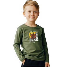Resim Panios Kids Düz Yuvarlak Yaka Cutte Bear Baskı Detaylı Erkek Çocuk Sweatshirt Haki 