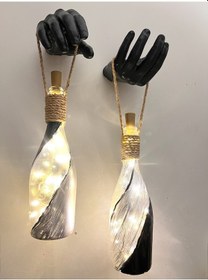 Resim El Figürlü Duvar Lambası Pilli Led Işıklı Dekoratif Şişe Aydınlatma Rustik & Vintage El Yapımı D Gümüş - Siyah 