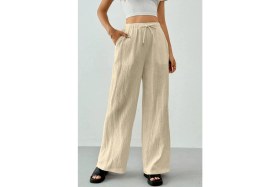 Resim Ghassy Co. Kadın %100 Cotton Müslin Ultra Hafif Palazzo Model Geniş Paça Keten Karışım Pantolon 