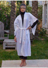 Resim Mayovera Kimono - Nakışlı Beyaz %100 Keten Plaj Elbisesi Beyaz 