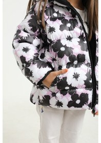 Resim First Steps Kız Çocuk Beyaz Mor Çiçek Desen İçi Polar Su Ve Rüzgar Geçirmez Kapüşonlu Cepli Şişme Kışlık Mont Beyaz 