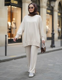 Resim Aselim Hijap Moda Alisa Pileli Premium Modal Kumaş Tesettür İkili Takım - Bej 