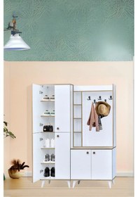 Resim İnci Portmanto Takımı Beyaz Raflı Askılıklı Çok Bölmeli Kapaklı Ayakkabılık 140x37x195 Cm 