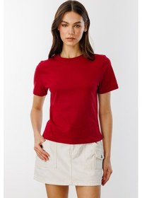 Resim Kadın T-shirt Kısa Kollu Organik Pamuklu Bisiklet Yaka Crop T-shirt Kadın-t-shırt Bordo 