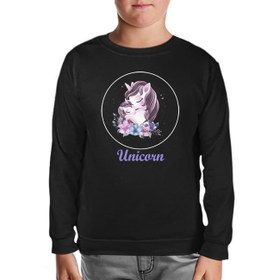 Resim Unicorn Çiçek Anneler Günü Siyah Çocuk Sweatshirt 