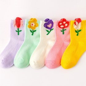 Resim 5'li Set Kızlar İçin Canlı Çiçekli Prenses Çorapları - Yumuşak, Nefes Alabilir & Ter Emici, Renkli Karikatür Çiçekler, Her Mevsim Giyilebilir, Hediye & Partiler İçin İdeal, Sevimli Çoraplar 