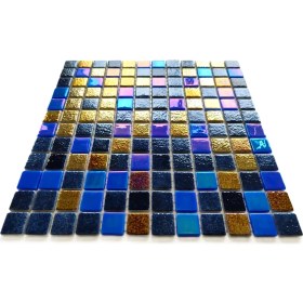 Resim MozaiKristaL Havuz, Banyo, İç ve Dış Mekanlar ve Yaşam Alanlarının Tüm Yüzeyleri İçin Kristal Cam Mozaik. Cam Ölçüsü: 5 Mm. File Ölçüsü: 31.5X31.5 Cm. Renk: Mavi Mix. (1 Koli=10 File Karo=1m2 Fiyatıdır) 