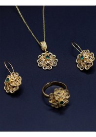 Resim Zümrüt Taşlı Gül Model Kadın Gold Kaplama 925 Ayar Gümüş Telkari Üçlü Set 201025205 Gümüş 