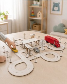 Resim Ahşap Trafik Ve Yol Seti Oyuncak Montessori Eğitici Araba Yolu, Trafik İşaretleri Ve Benzin İstasyonu Oyun Seti 