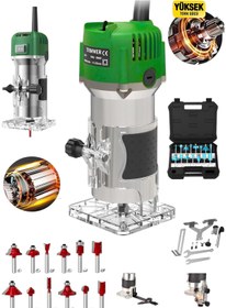 Resim OG GERMANY STEEL Alman 4200Rpm 6 Kademe Devir Ayarlı Formika Traşlama Freze Makinesi 6 Mm Pens + 12 Adet Uç YEŞİL 