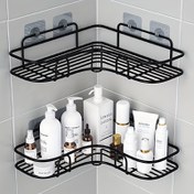 Resim 1 adet Matkap Gerektirmeyen Siyah Metal Köşe Rafı - Şampuan, Cilt Bakım Ürünleri & Makyaj için Yerden Tasarruflu Duvara Monte Banyo Depolama Rafı, Formaldehitsiz, Banyo Düzenleyicileri ve Depolama 