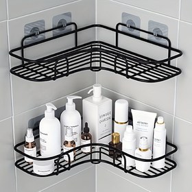 Resim 1 adet Matkap Gerektirmeyen Siyah Metal Köşe Rafı - Şampuan, Cilt Bakım Ürünleri & Makyaj için Yerden Tasarruflu Duvara Monte Banyo Depolama Rafı, Formaldehitsiz, Banyo Düzenleyicileri ve Depolama 
