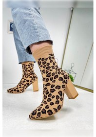 Resim Günlük Kadın Streç Triko Kalın Yüksek Topuklu Bot Bootie Çorap Şeritli Sivri Burun Ayakkabı 167 Leopar 