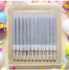 Resim Doğum Günü Pasta Mumu Gümüş 12 Adet Simli Mum 10 Cm Kutlama Mumu 