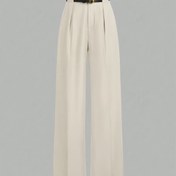 Resim Şık Beyaz Geniş Paça Pantolon - Minimalist Dikey Çizgili Takım Pantolonu, Yapılandırılmış Kemer Olmadan Bel, Tam Boy (Uzun) Uzunluk, Düğünler & Resmi Etkinlikler İçin - Yıl Boyunca Makinede Yıkanabilir Elbise Pantolonu 