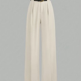 Resim Şık Beyaz Geniş Paça Pantolon - Minimalist Dikey Çizgili Takım Pantolonu, Yapılandırılmış Kemer Olmadan Bel, Tam Boy (Uzun) Uzunluk, Düğünler & Resmi Etkinlikler İçin - Yıl Boyunca Makinede Yıkanabilir Elbise Pantolonu 
