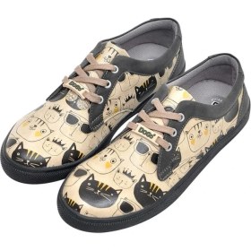 Resim Kadın Vegan Deri Bej Sneakers - Monochrome Cats Tasarım 