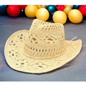 Resim Shopiolog Geniş Kenarlı Etnik Dokulu Uv Korumalı Hasır Kovboy Şapka Bej 