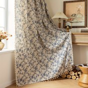 Resim 1 adet Şık Vintage Mavi Gül Baskılı Perde, 2D Düz Baskı ile Püsküller, Çubuk Cebi Tasarımı, Delme Gerektirmeyen Yarım Karartma Mutfak Perdesi, Ülke Çiftliği Ev Dekoru için Uygun, Yatak Odası, Çalışma Odası, Oturma Odası, Yemek Odası, Kafe, Koruma, Veranda ve Bay Pencere Dekorasyonu, Tüm Mevsim Kullanımı 