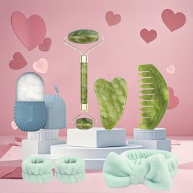 Resim 1/2/3/6 adet Güzellik Jade Taşı Gua Sha Rulosu, Baş Bandı, Yüz Buz Küpü Rulosu Masaj Seti, Anneler Günü için bir hediye olan anneler veya kız arkadaşlar için. 