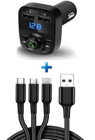 Resim MEZİGARC Tüm Araç Ve Telefonlara Uyumlu 2li Araç Set Bluetooth Kit Fm Transmitter Ve 3in1 Hasır Şarj Kablosu 