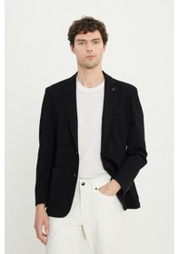 Resim Erkek Sıyah Pamuklu Slim Fit Dar Kesim Armürlü Esnek Torba Cepli Blazer Ceket Siyah 