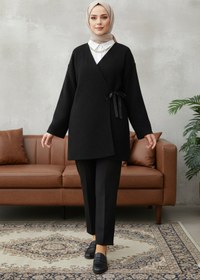Resim MODAQU Yandan Bağlamalı Buklet Kumaş Kimono -Siyah 