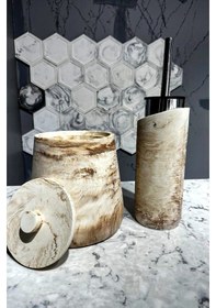 Resim Betonmall 2'li Set Mermer Desenli Çöp Kovası Tuvalet Fırçası Bej 