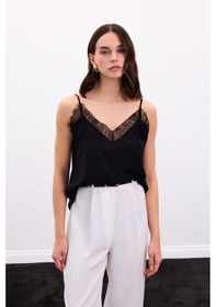 Resim Sateen Dantel Detaylı Askılı Bluz - Siyah-136873 Siyah 