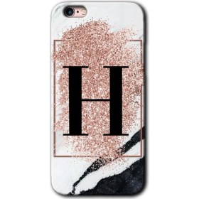 Resim Bera Aksesuar Apple iPhone 6 Plus Kılıf Hd Desen Baskılı Arka Kapak - Pembe Mermer Desenli H Harfi 