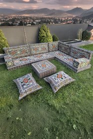 Resim mdhomecarpet Şark Köşesi Minder Takımı | Yer , Sırt Minderi, Etnik Desen, Salon ve Ev İçin 12 Parça Süngerli 
